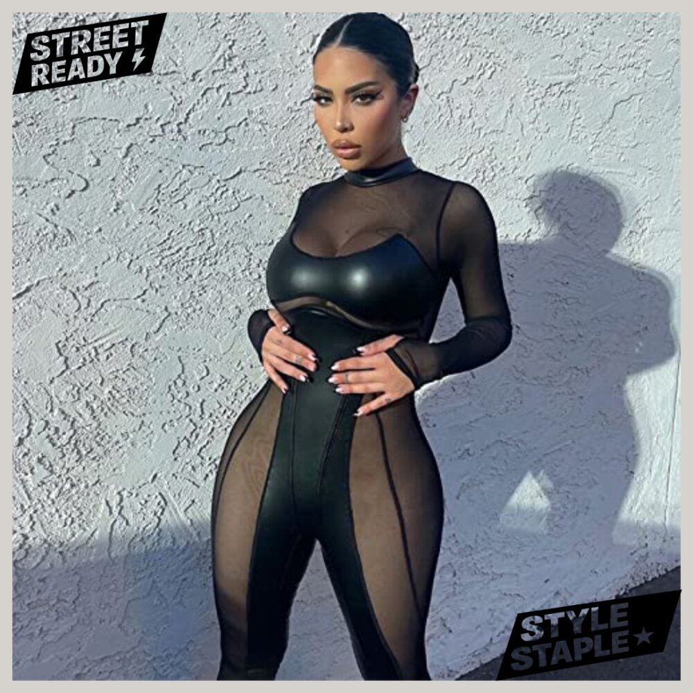 Large Mesh Patchwork Jumpsuit Long Sleeve Bodycon… - image 2